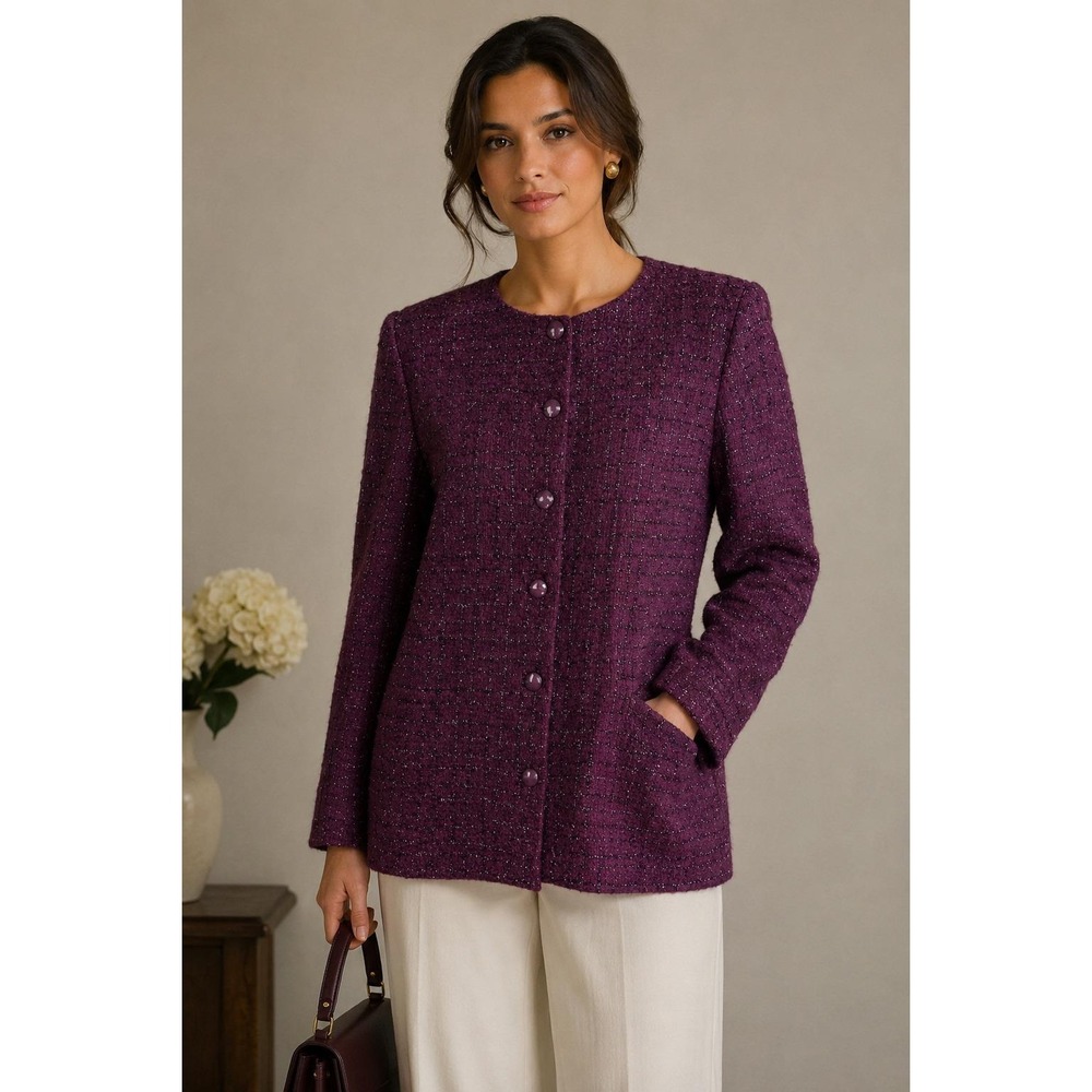 Old Money Purple Tweed Metallic Collarless Jacket Draper & Damons Size 10